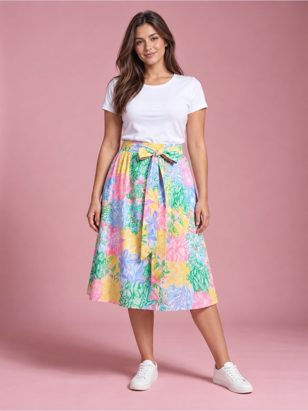 Lilly Pulitzer Multicolor Floral Midi Skirt — Pink, Green, Yellow, Blue, Purple